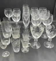 A selection of etched glass, various styles of glass.