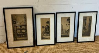 Four etchings by 20th Century K Vernon, landscape artist. Windsor, Canterbury, Guilford etc