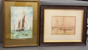 Watercolour and pen of Thames Barges outside Parliament and one watercolour of sailing boats in a