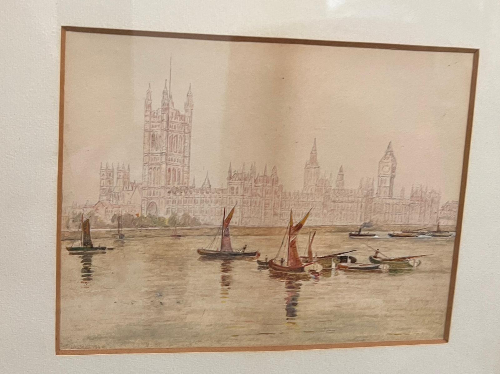 Watercolour and pen of Thames Barges outside Parliament and one watercolour of sailing boats in a - Image 3 of 3