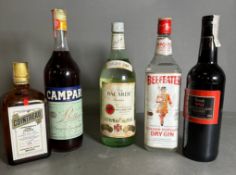 A selection of spirits (5) Campari, Bacardi, Harrods No 11 Amontillado sherry, Beefeater gin, and