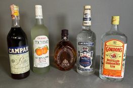 A selection of spirits to include: Peach schnapps, Dimple whisky, Campari, Smirnoff blue vodka and a