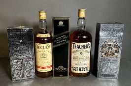 A selection of blended whiskys: Bells, Teachers, Johnnie Walker Black Label and two bottles of