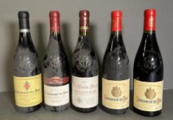 Five bottles of Chateau Neuf Du Pape, various makers and years.