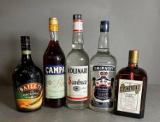 A selection of spirits (5) to include: Molinari Sambucca, Campari, Baileys, Smirnoff Blue vodka
