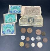 A small selection of coins, and banknotes including three WWII French Allied Occupation currency.