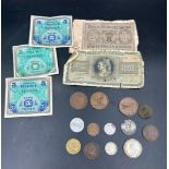 A small selection of coins, and banknotes including three WWII French Allied Occupation currency.