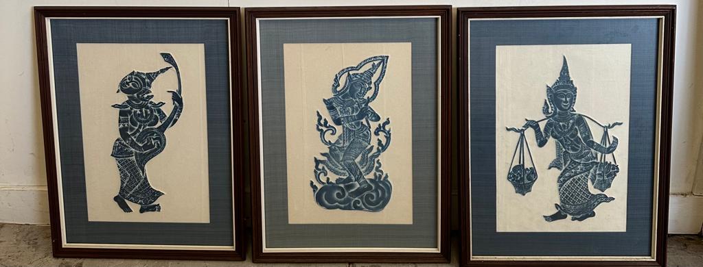 Three framed Thai stone rubbings on rice paper