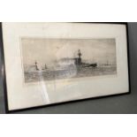 William Lionel Wyllie (1851 – 1931) Etching of a convoy of ship with airplane in background. Image