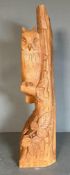 A carved wooden statue of a sleeping owl perched on a branch (H61cm)