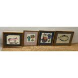 Four mix media pictures signed lower right Lucy, pig, punchbowl, coffee and a big fish