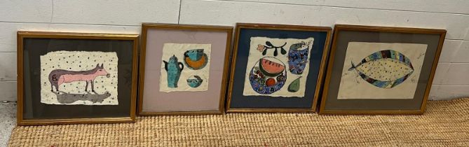 Four mix media pictures signed lower right Lucy, pig, punchbowl, coffee and a big fish