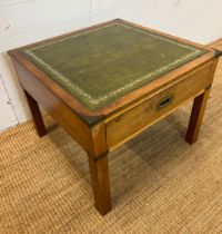A campaign style side table with green leather top and drawer (H48cm Sq60cm)