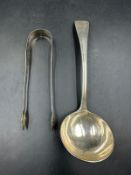 A silver sauce ladle by Goldsmiths & Silversmiths Co Ltd London 1913 and a set of Georgian silver