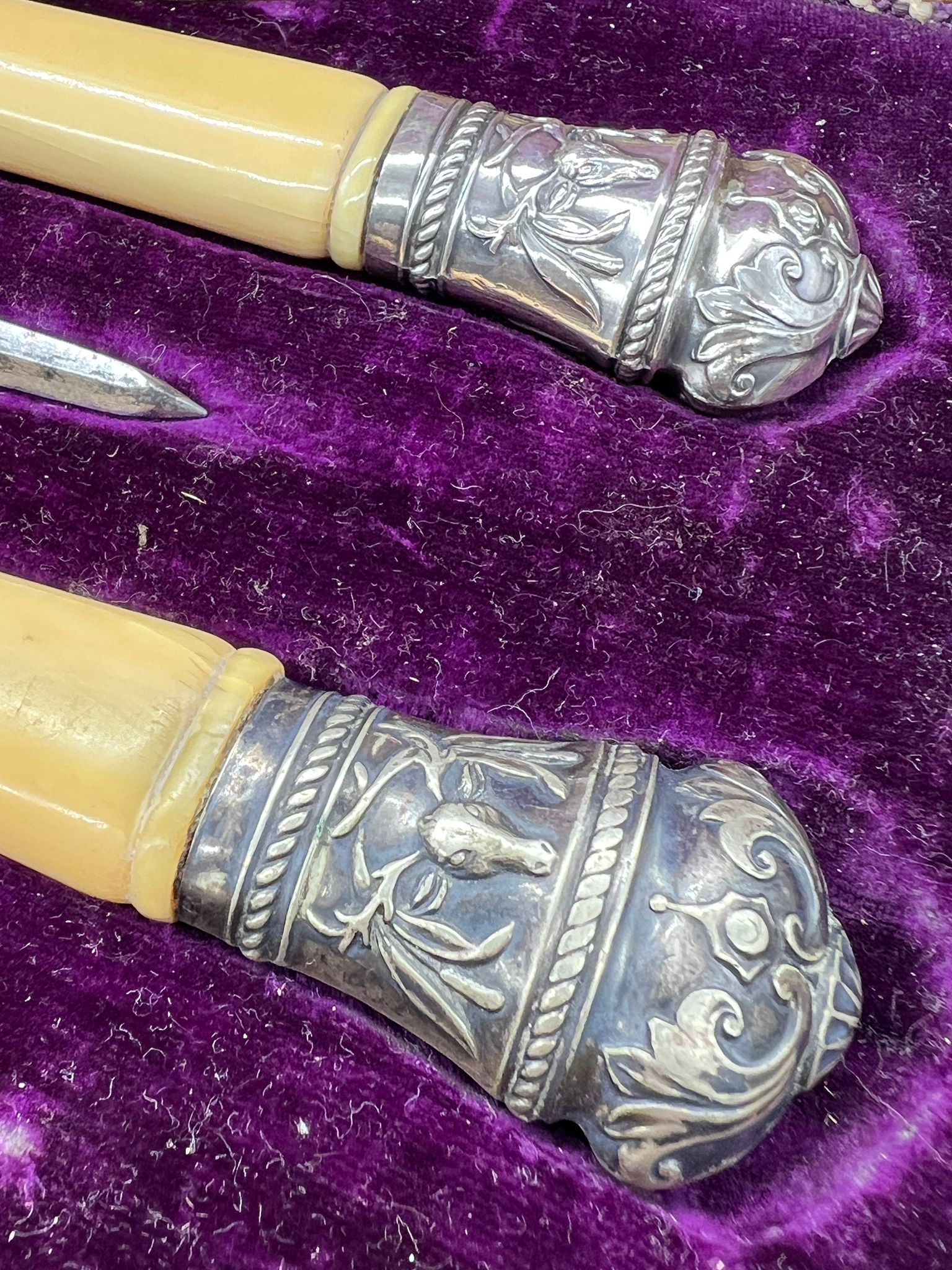 A cased carving set with white metal tips decorated with stags and game birds - Image 3 of 4