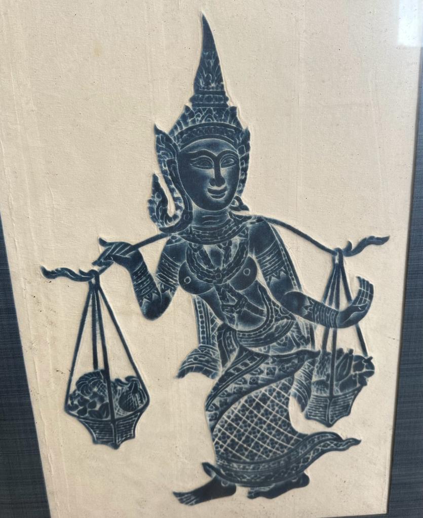 Three framed Thai stone rubbings on rice paper - Image 7 of 7