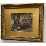 A water colour of a young lady kneeling on the floor of a kitchen, signed lower right W.Langley 49cm