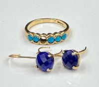 A 9ct gold AF ring with missing stone along with a pair of blue stone 9ct gold earrings, approximate