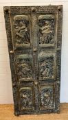 An Asia carved wooden panel, the six panels featuring dancing figurines, all boarded with a