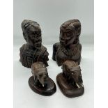 A carved wooden elephants and a couple (H17cm)