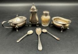 A selection of silver cruets, various hallmarks and makers.