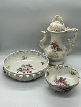 Two floral dishes and on Capodimonte teapot (H28cm)