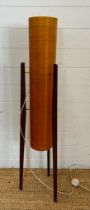 A Mid Century floor standing teak rocket lamp with orange spur fibre glass shade )H113cm)