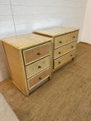 A three drawer bamboo and cane chest of drawers and a matching smaller three drawer chest (H72cm