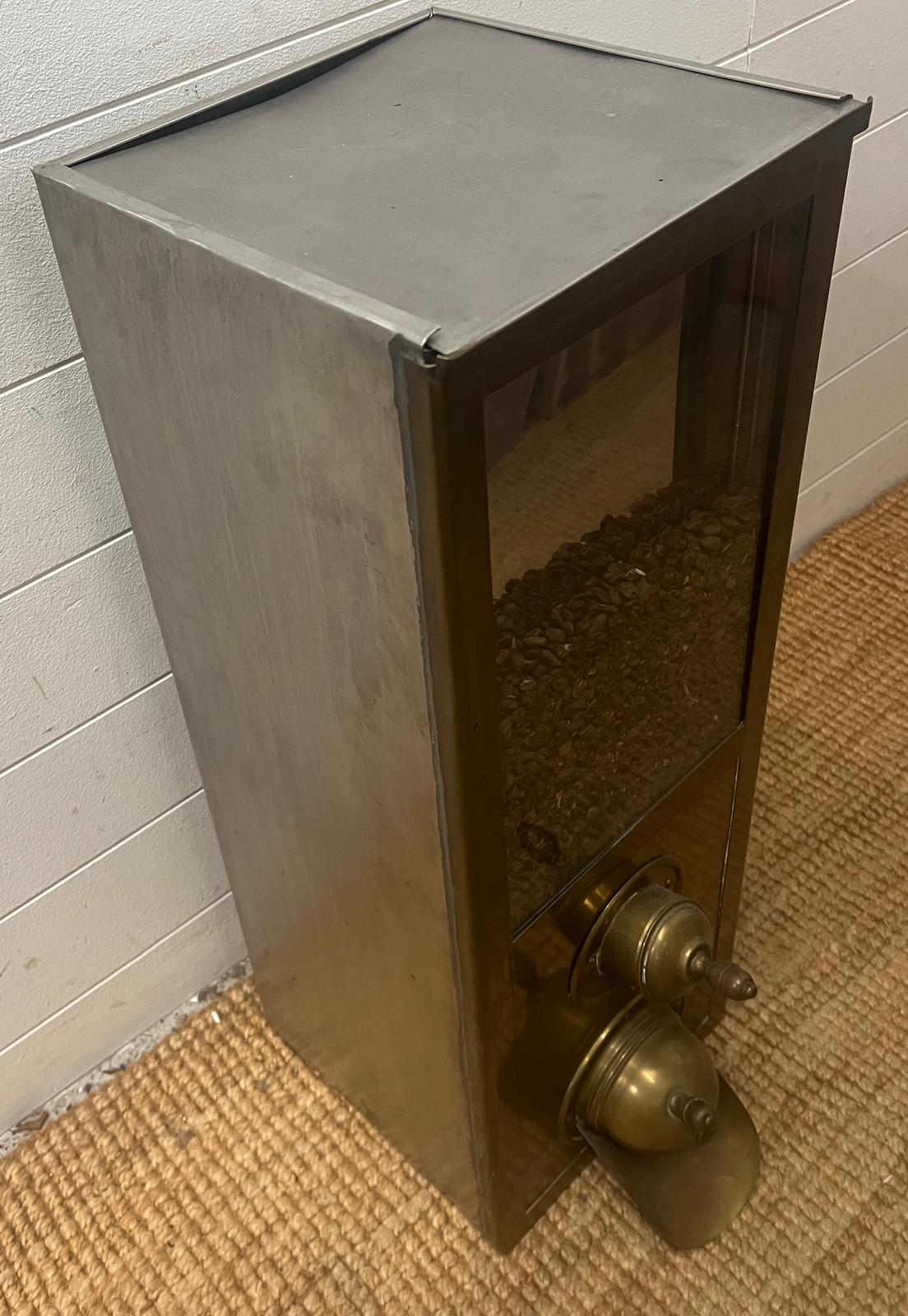 A brass coffee dispenser/silo with coffee slide to front (H73cm SQ27cm)
