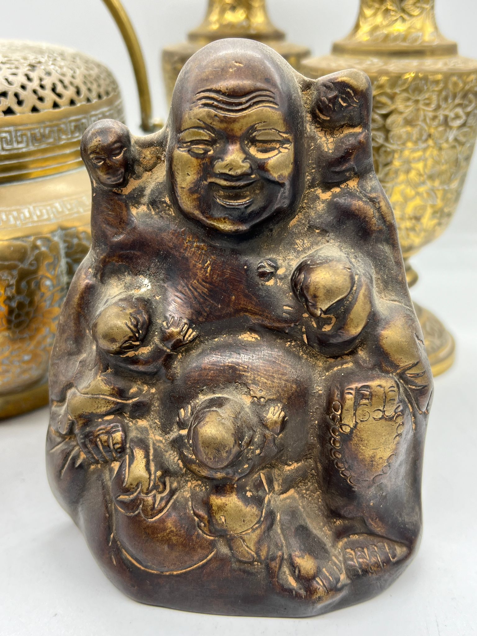 A collection of brass including a laughing buddha and hand warmer/censer - Image 3 of 5