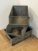 Three galvanised industrial style storage bins, one by Shafter