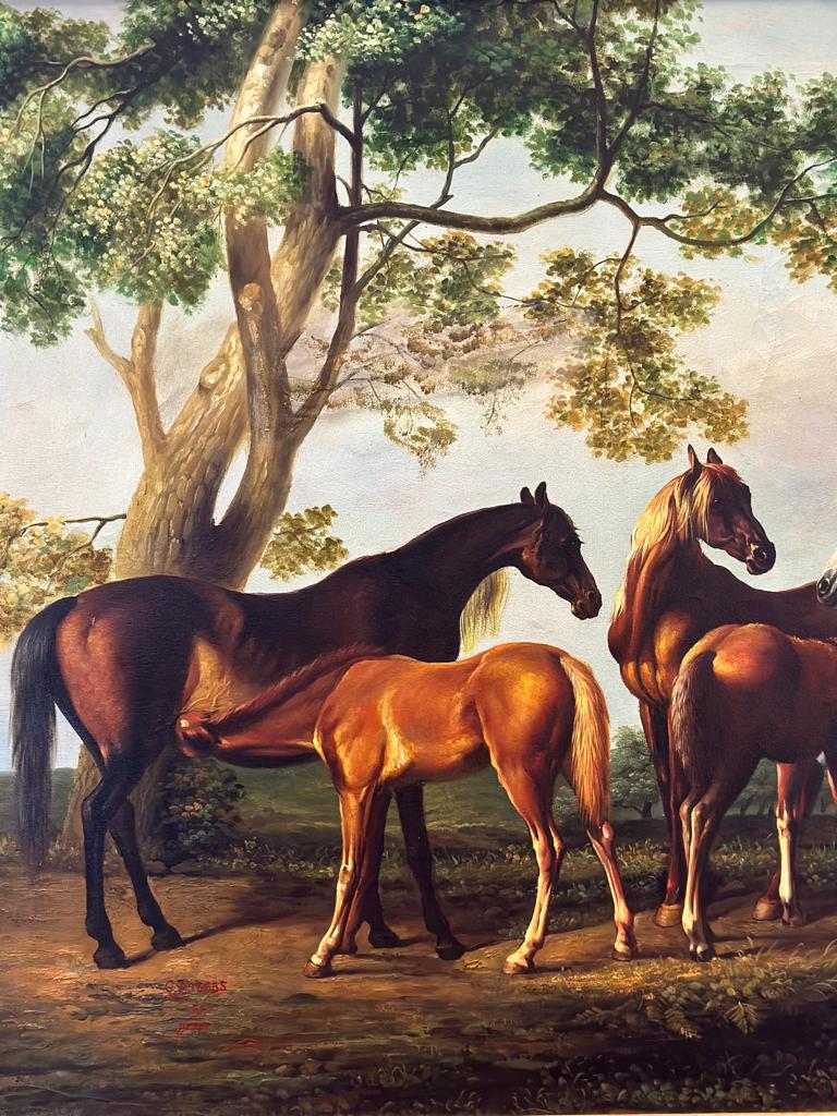 A oil on canvas in the manner of George Stubbs, signed in red bottom left depicting mares with foals - Image 6 of 8