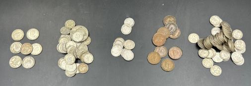 A small selection of Great British coins from Victorian onwards to include three pence coins,