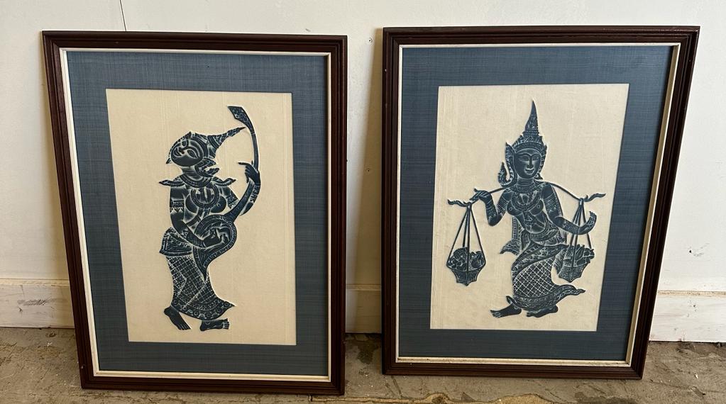 Three framed Thai stone rubbings on rice paper - Image 2 of 7