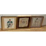 Three framed mixed media pictures, Fish monger, Les Animaux and Pale and Interesting