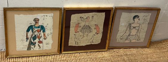 Three framed mixed media pictures, Fish monger, Les Animaux and Pale and Interesting