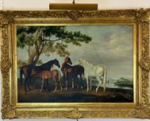 A oil on canvas in the manner of George Stubbs, signed in red bottom left depicting mares with foals