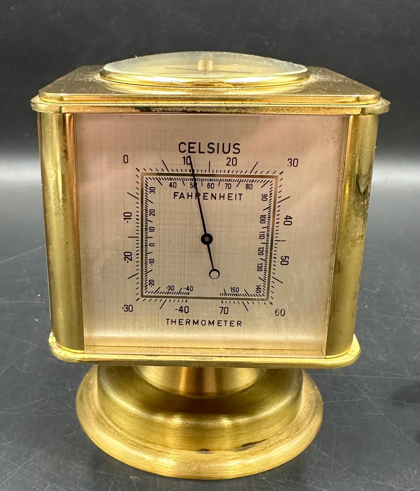 A vintage brass Angelus desk clock/weather station. Having rotating cube shaped body with alarm - Image 5 of 8