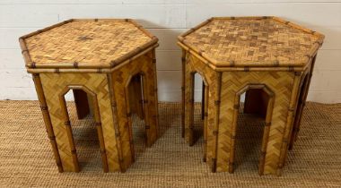 A pair of bamboo and basket weave hexagon side tables (H57cm Dia54cm)