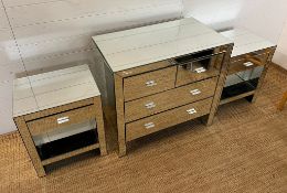 A mirrored bedroom suite consisting of chest of drawers and a pair of bedsides (H75cm W80cm D46cm