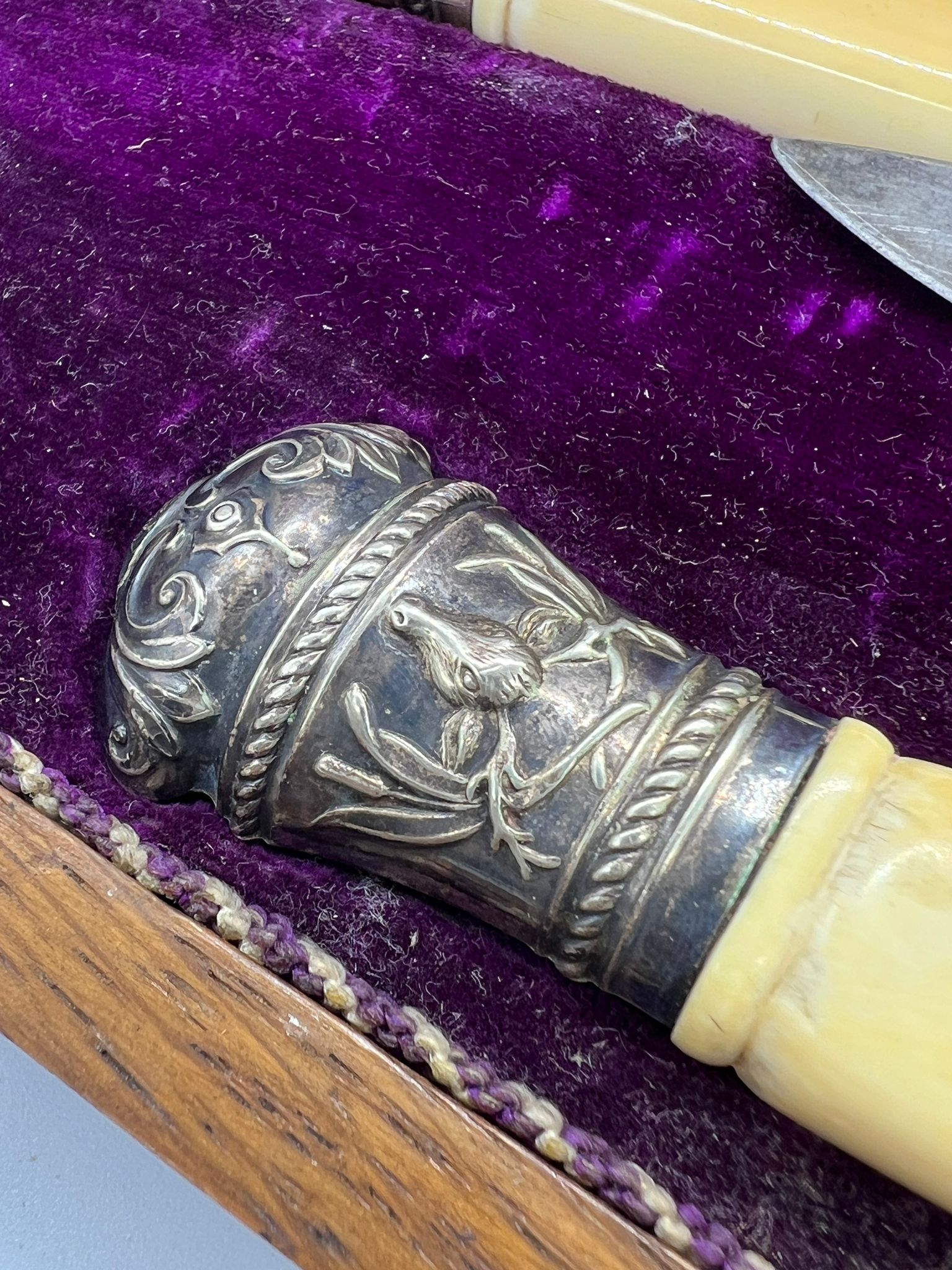 A cased carving set with white metal tips decorated with stags and game birds - Image 4 of 4