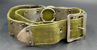 A green leather belt with hallmarked silver fitments, hallmarked for London makers mark GB for
