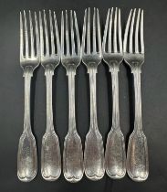 A set of six silver Georgian forks, hallmarked for London 1834. Approximate weight 330g.