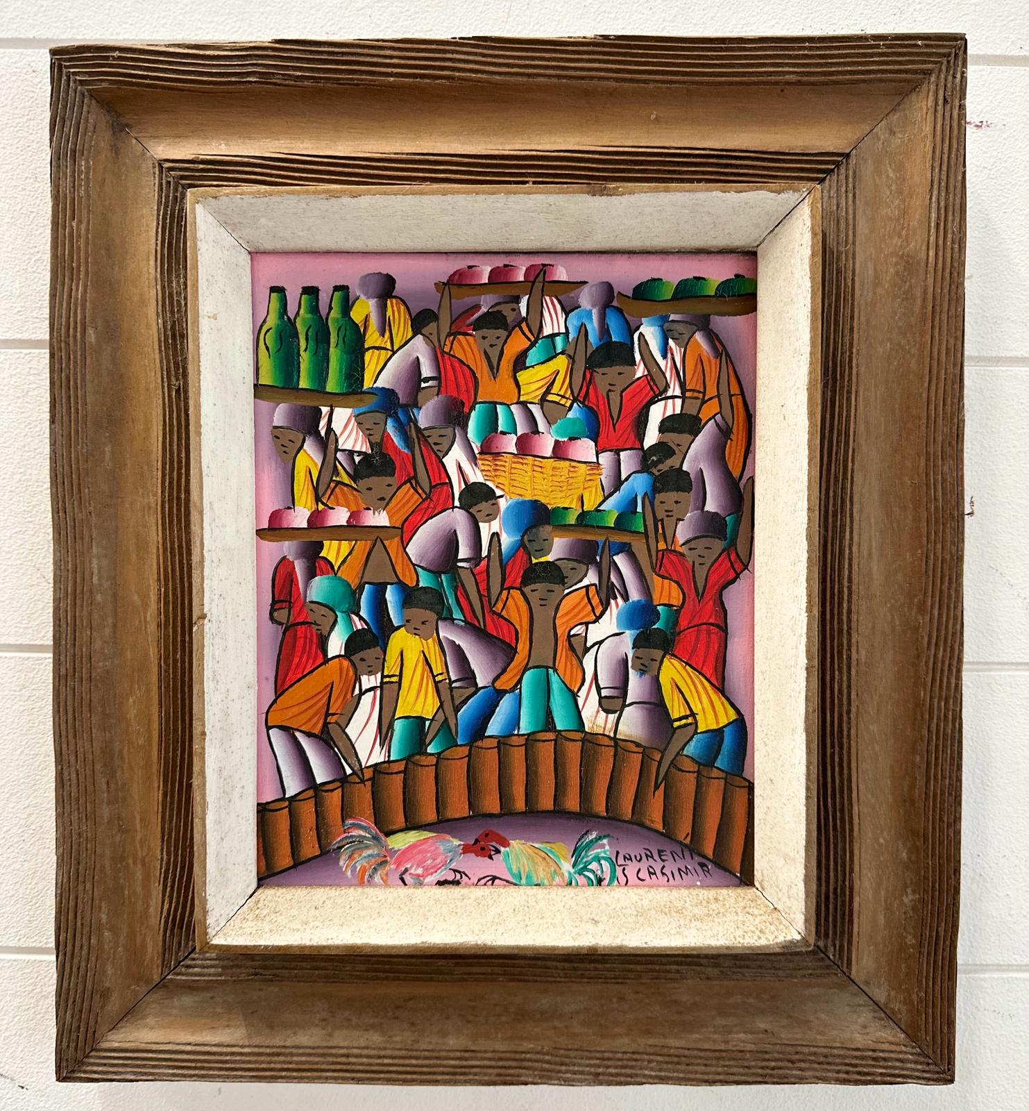 An oil on canvas of a cockfight by Haitian artist Laurent Casimir signed lower right 25cm x 20cm