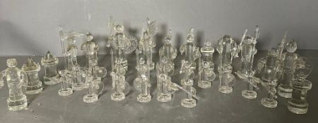 A selection of glass chess pieces, thirty one in total some AF