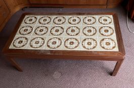 A Mid Century coffee table with tiled top (H46cm W134cm D74cm) Condition Report some marks to wooden