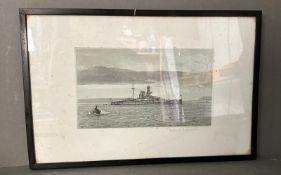 A Rowland Longmaid etching of a naval ship and tender signed bottom right in pencil 23cm x 13.5cm