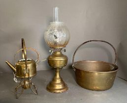 Three brass items, a spirit kettle, converted oil lamp and a pan