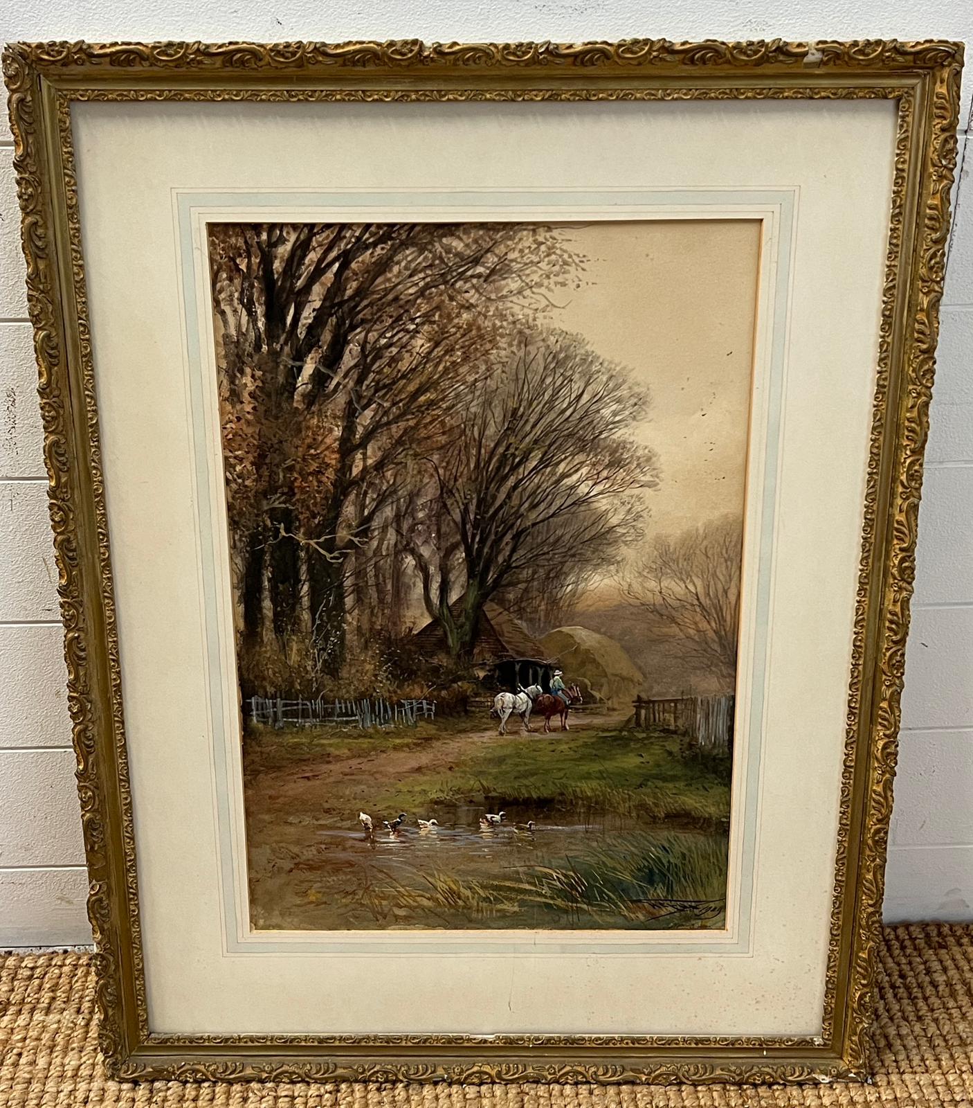 A water colour of a country scene signed lower right, unglazed 38cm x 56cm