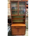 A G plan mid-century single drawer and single cupboard side board with glazed three shelf cabinet